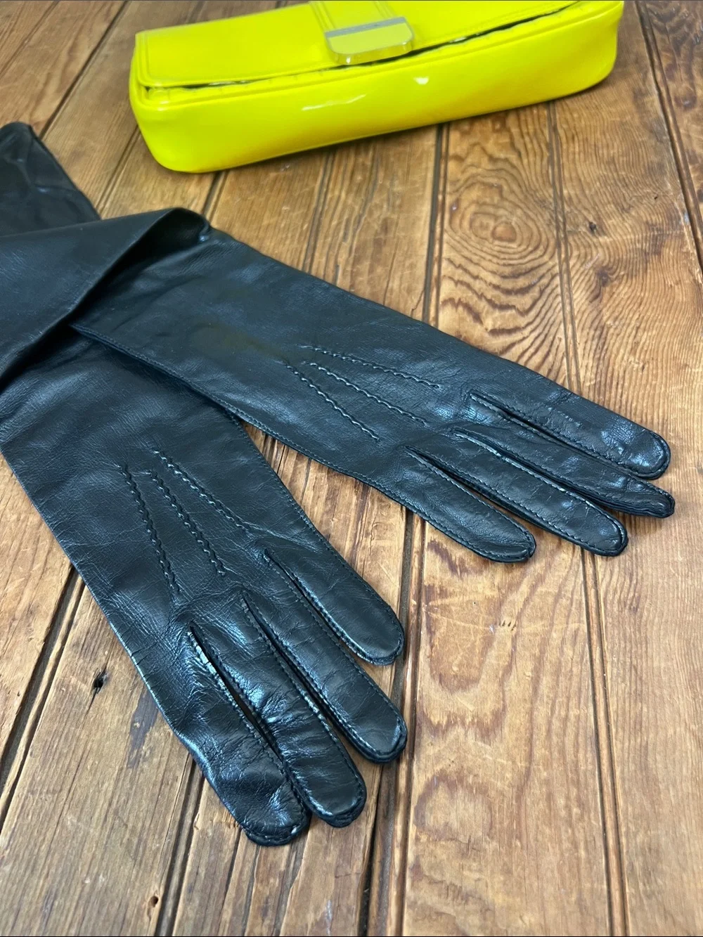Maison Fabre Women’s Gloves Black Long Leather and silk size 7.5